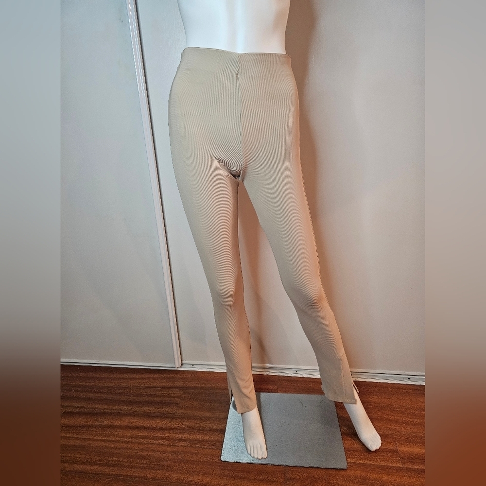 ZARA Ribbed Khaki Tan Stretch Pants Leggings With  Slit On Side Size Small